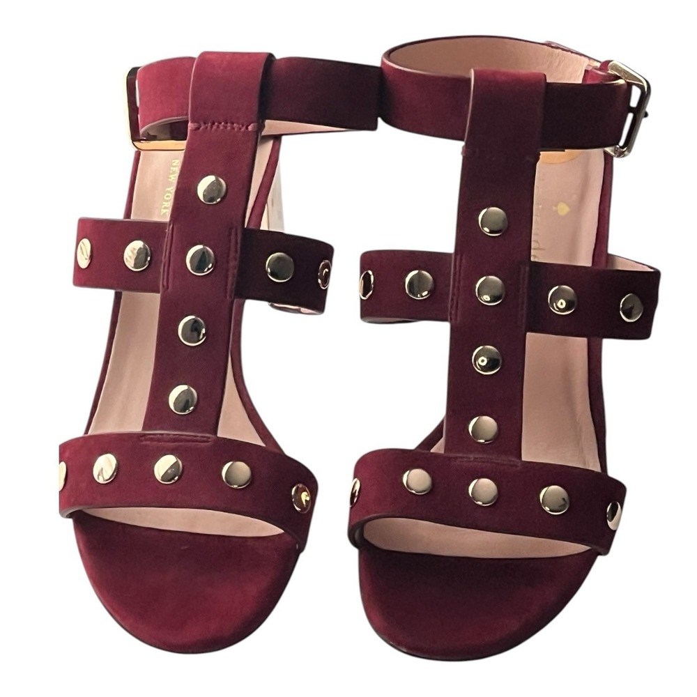 Kate Spade Burgundy Suede Studded Sandals 7M Block Heel Strappy Boho Chic - Picture 2 of 10